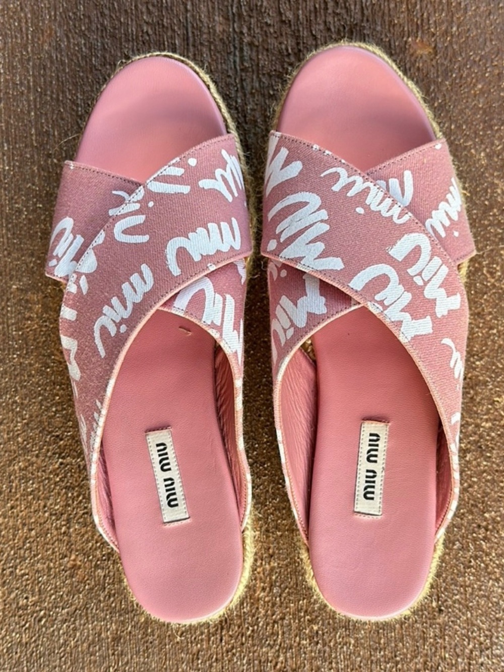 Miu Miu Pink Canvas Logo Cross-Strap Slide Espadrille Sandals EU38.5 US8.5-8